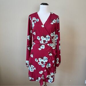 Lulus Wrap Dress size Small Floral Long Sleeve Maroon Red Office Cocktail MINT